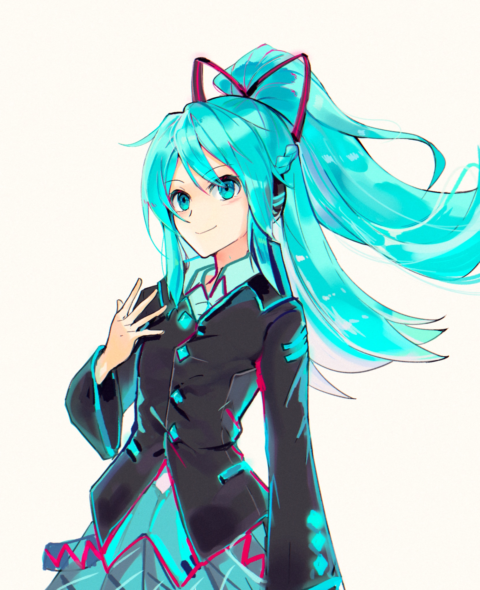 ramune55ni, hatsune miku, hatsune miku (if), vocaloid, hashtag-only commentary, highres, 1girl, aqua eyes, aqua hair, aqua shirt, aqua skirt, aqua trim, arm at side, black jacket, black ribbon, braid, buttons, chromatic aberration, closed mouth, collared jacket, collared shirt, diamond button, double-parted bangs, hair between eyes, hair ribbon, half up braid, hand up, high ponytail, jacket, long hair, long sleeves, looking at viewer, pleated skirt, ponytail, ribbon, shirt, side braid, sidelocks, simple background, skirt, smile, solo, upper body, yellow background