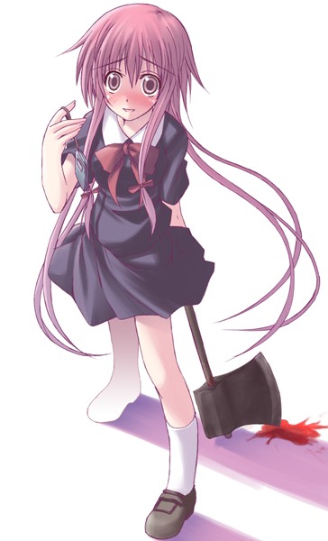 kago no tori, gasai yuno, mirai nikki, 1girl, axe, blood, cellphone, female focus, long hair, phone, school uniform, serafuku, solo, weapon