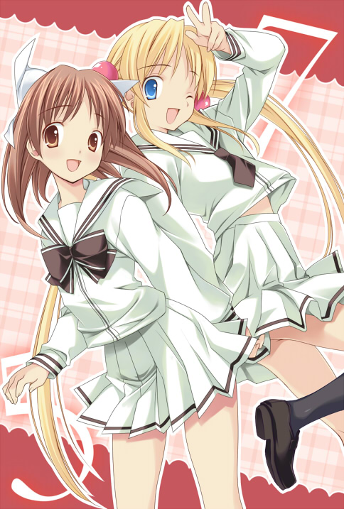 inase shin'ya, amatsuka hotaru, amatsuka rikka, baby princess, bad id, bad pixiv id, 10s, 2girls, hair bobbles, hair ornament, long hair, midriff peek, multiple girls, one eye closed, school uniform, serafuku, smile, v, very long hair, wink