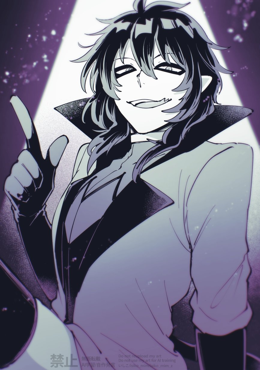 mairimashita! iruma-kun, highres, 1boy, andro m. rock, blurry, coat, depth of field, fang, gloves, greyscale, hair between eyes, high collar, index finger raised, isiko mim z, lapels, looking at viewer, makeup, male focus, medium hair, monochrome, pointy ears, smile, solo, tongue, tongue out, watermark