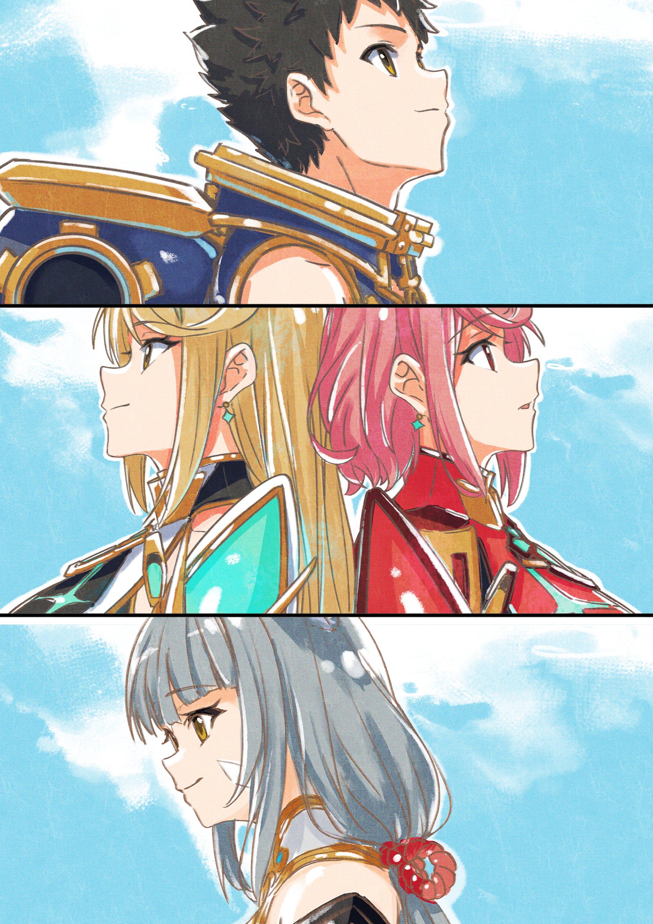 poteto (potetosarada123), mythra (xenoblade), nia (blade) (xenoblade), nia (xenoblade), pyra (xenoblade), rex (xenoblade), xenoblade chronicles (series), xenoblade chronicles 2, absurdres, commentary request, highres, 1boy, 3girls, back-to-back, black hair, blonde hair, bob cut, brown eyes, closed mouth, earrings, eyelashes, grey hair, jewelry, looking up, multiple girls, red hair, short hair, sidelocks, smile, spiked hair, yellow eyes