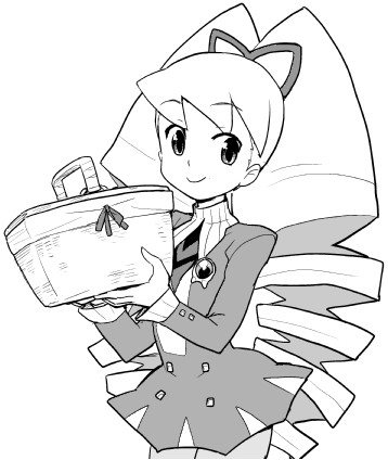 heriyama, luna platz (mega man), yogi bear, capcom, mega man (series), mega man star force (series), lowres, 00s, 1girl, basket, big hair, drill hair, female focus, greyscale, monochrome, pantyhose, solo