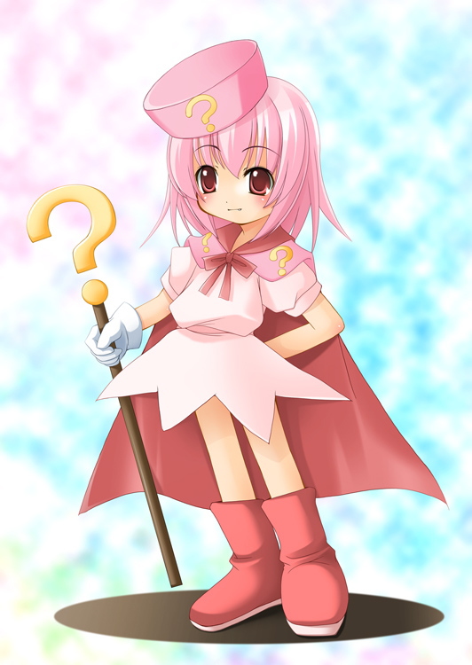 shibacha, hatena yousei, benesse, 1girl, ?, arm behind back, boots, cape, female focus, gloves, hat, pink boots, pink hat, red boots, solo