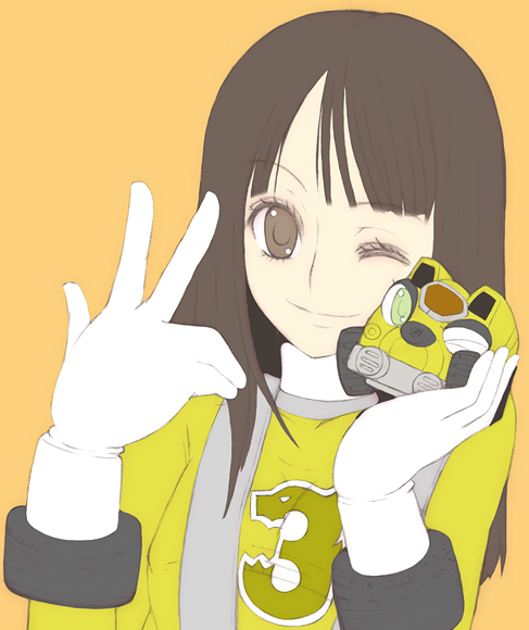 kannagi kaname, tagme, brown eyes, brown hair, long hair, one eye closed, solo, wink