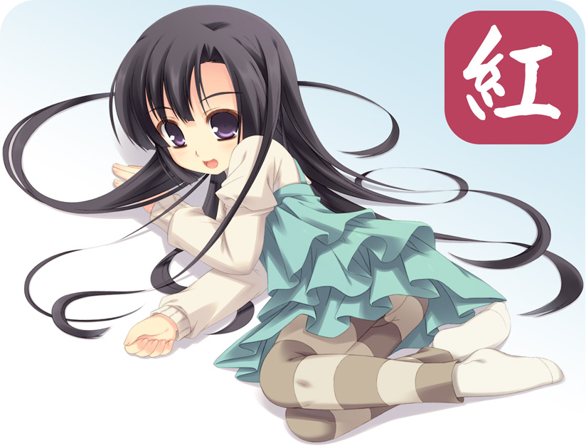 moriguchi yuu, kuhouin murasaki, kure-nai, kurenai, striped, 00s, 1girl, black hair, female focus, frills, long hair, lying, purple eyes, socks, solo