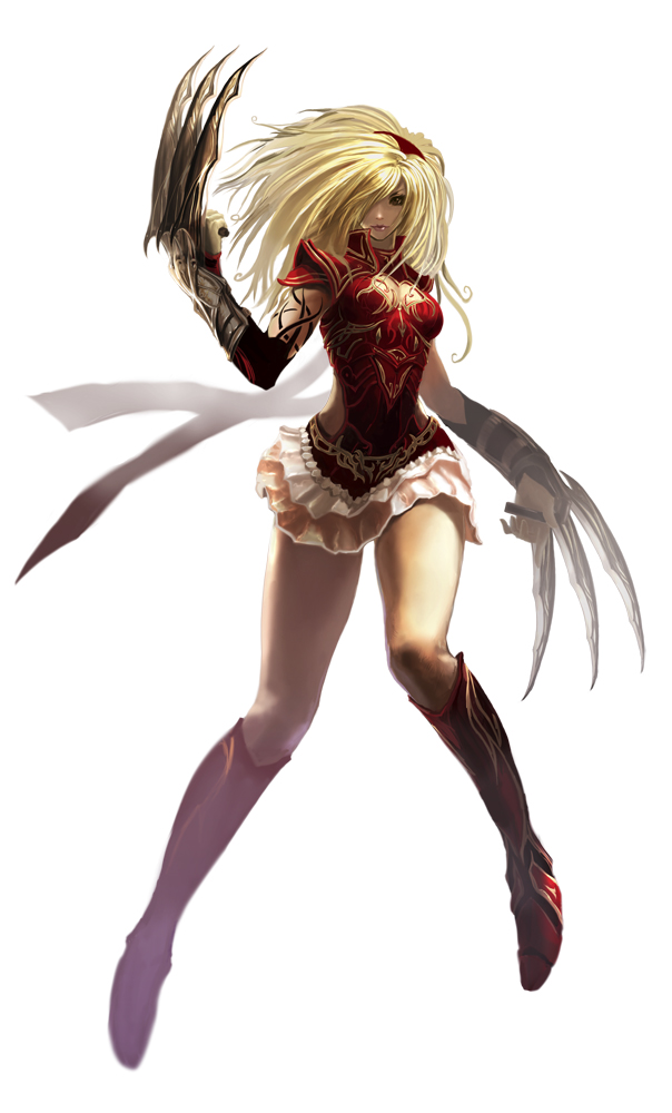 tachikawa mushimaro, original, bad id, bad pixiv id, 1girl, armor, backlighting, blonde hair, boots, claw (weapon), claws, cleavage cutout, clothing cutout, detached sleeves, dual wielding, female focus, full body, hair over one eye, hairband, hand up, holding, knee boots, layered skirt, legs apart, lips, long hair, looking at viewer, miniskirt, pleated skirt, realistic, side cutout, simple background, skirt, solo, tattoo, turtleneck, vambraces, weapon, white background