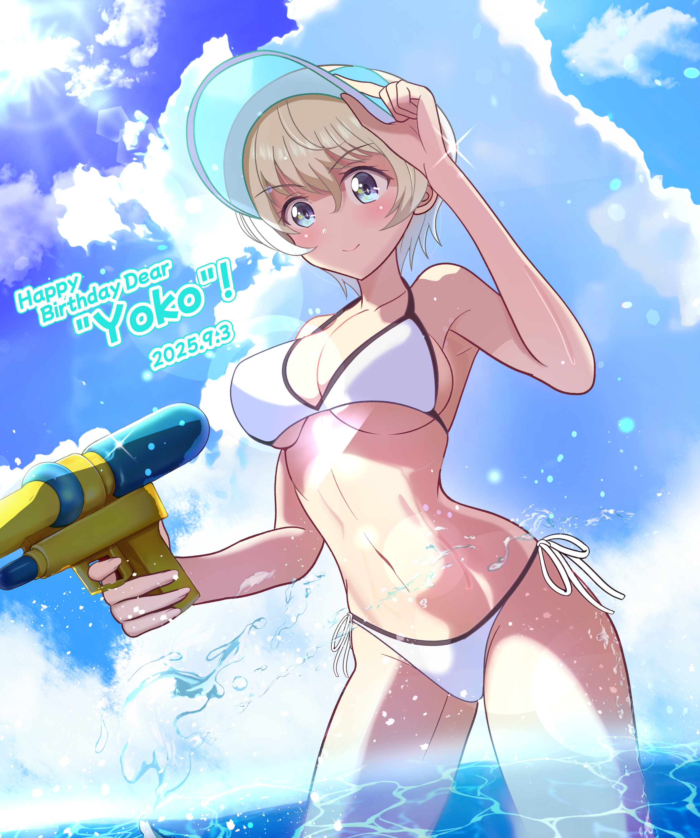 kumaisao, youko (girls und panzer), girls und panzer, absurdres, highres, 1girl, baseball cap, bikini, blonde hair, blue eyes, blush, breasts, cloud, cloudy sky, day, feet out of frame, happy birthday, hat, looking at viewer, medium breasts, navel, on water, outdoors, short hair, sky, smile, solo, standing, swimsuit, water, water gun, white bikini