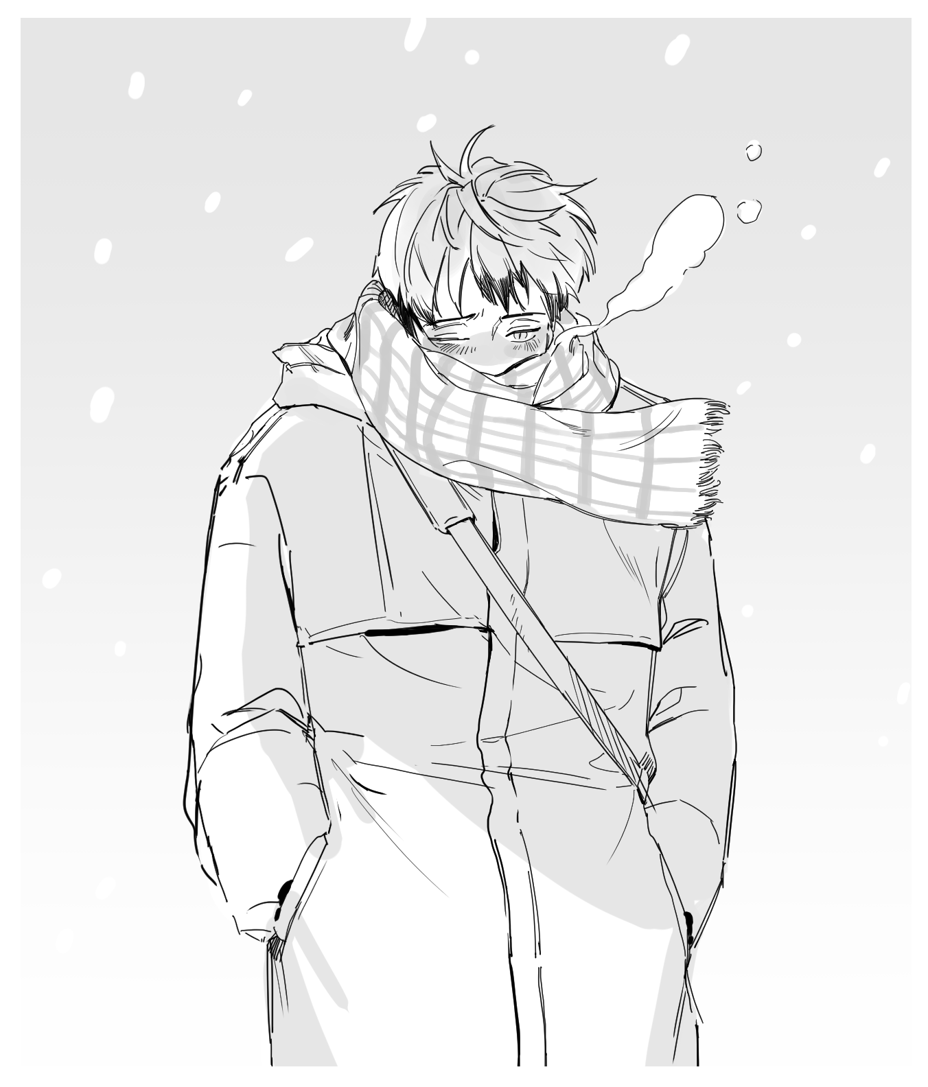 cookiechochop, kita shinsuke, haikyuu!!, highres, 1boy, blush, border, coat, covered mouth, greyscale, hands in pockets, long sleeves, male focus, monochrome, one eye closed, outdoors, plaid clothes, plaid scarf, scarf, short hair, snowing, solo, standing, white border, winter, winter clothes