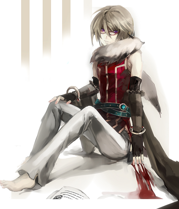 nameco, professor, professor (ragnarok online), ragnarok online, bad id, bad pixiv id, 1boy, androgynous, barefoot, blood, bracelet, elbow gloves, glasses, gloves, jewelry, male focus, short hair, sitting, sleeveless, solo
