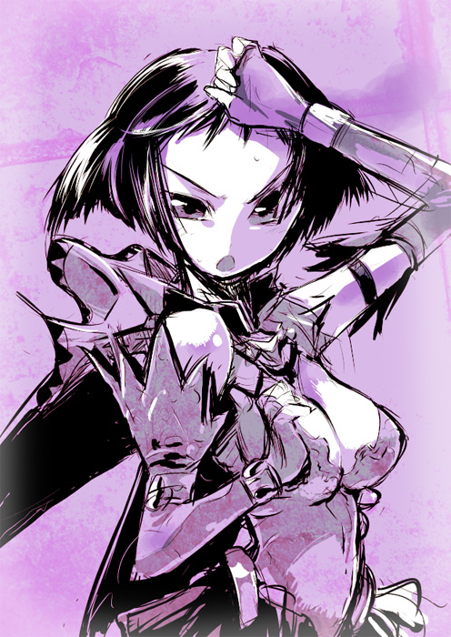 1girl, elbow gloves, fantasy, female focus, gloves, monochrome, purple theme, sketch, solo