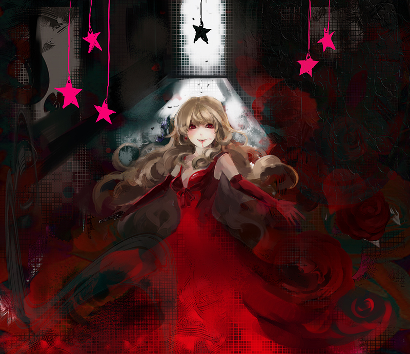 nameco, stardust, elysion, sound horizon, bad id, bad pixiv id, 1girl, blonde hair, blood, bow, dress, earrings, elbow gloves, female focus, flower, gloves, gun, jewelry, long hair, red eyes, rose, solo, weapon