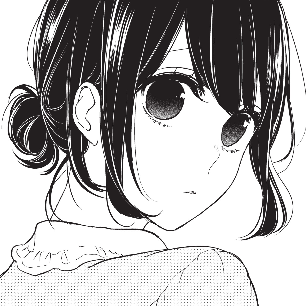 mesubarutan, takasaki misaki (koi to uso), koi to uso, highres, non-web source, 1girl, alternate hairstyle, black hair, close-up, from behind, hair bun, looking back, monochrome, polo shirt, solo