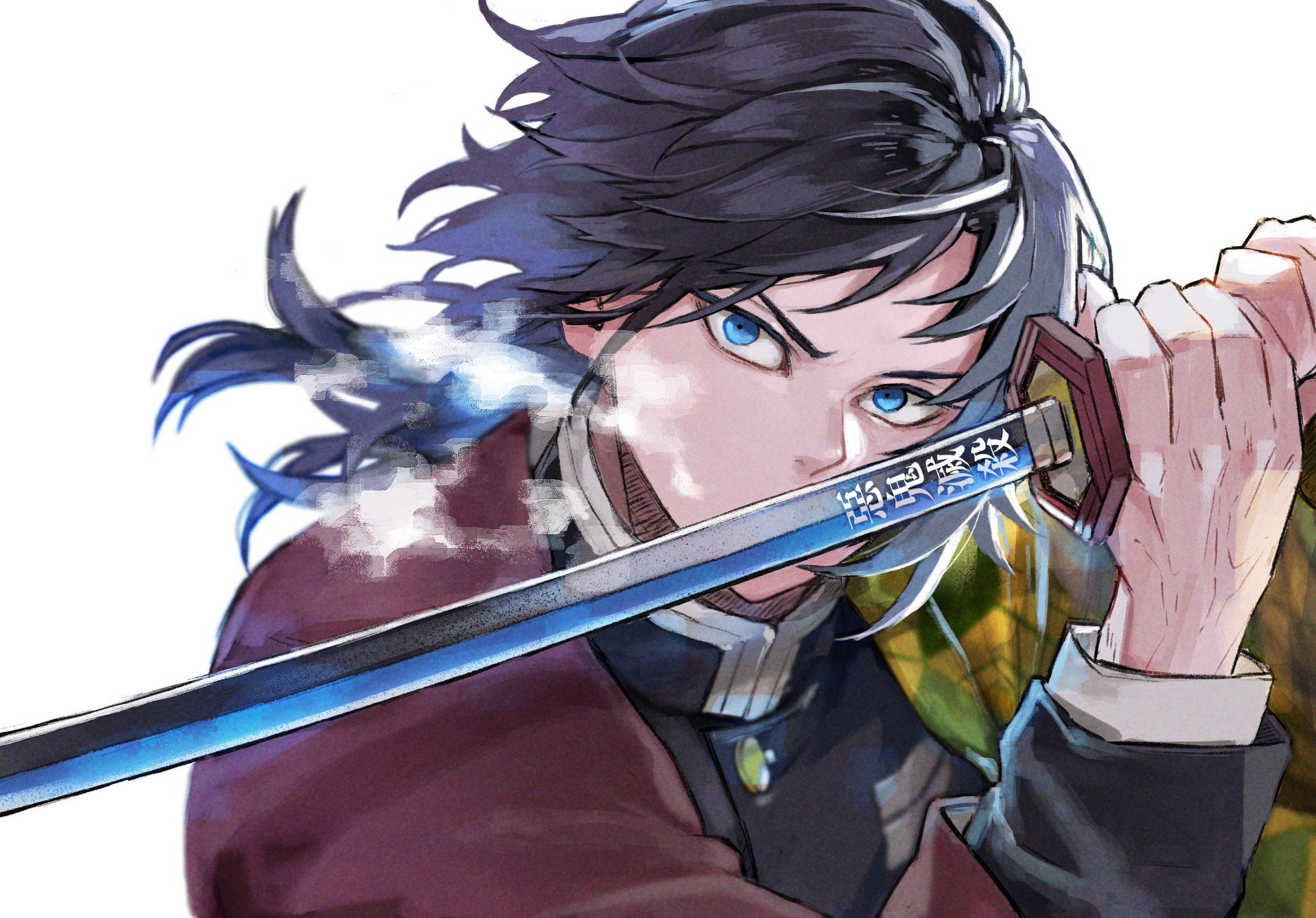 tomioka giyuu, kimetsu no yaiba, highres, 1boy, black hair, black jacket, blue eyes, buttons, covered mouth, demon slayer uniform, gold buttons, hands up, haori, hata3993, holding, holding sword, holding weapon, jacket, japanese clothes, katana, kikkoumon, looking at viewer, low ponytail, male focus, ponytail, print haori, red haori, solo, spiked hair, sword, sword writing, veins, veiny hands, weapon