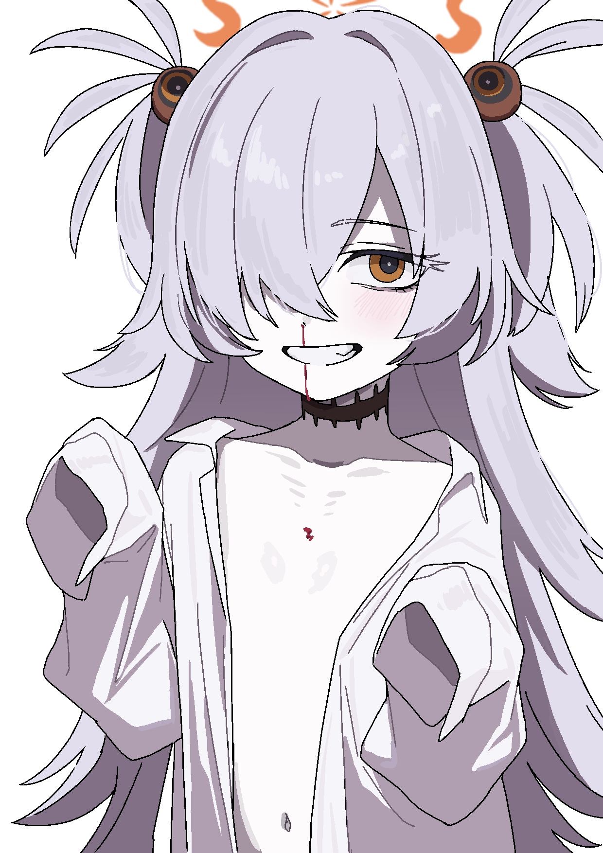 osame, kanoe (blue archive), blue archive, highres, 1girl, blood, choker, flat chest, grey hair, grin, hair over one eye, halo, long hair, mojyo, naked shirt, navel, nosebleed, orange eyes, oversized clothes, oversized shirt, pale skin, petite, shirt, simple background, sleeves past fingers, sleeves past wrists, smile, solo, white background