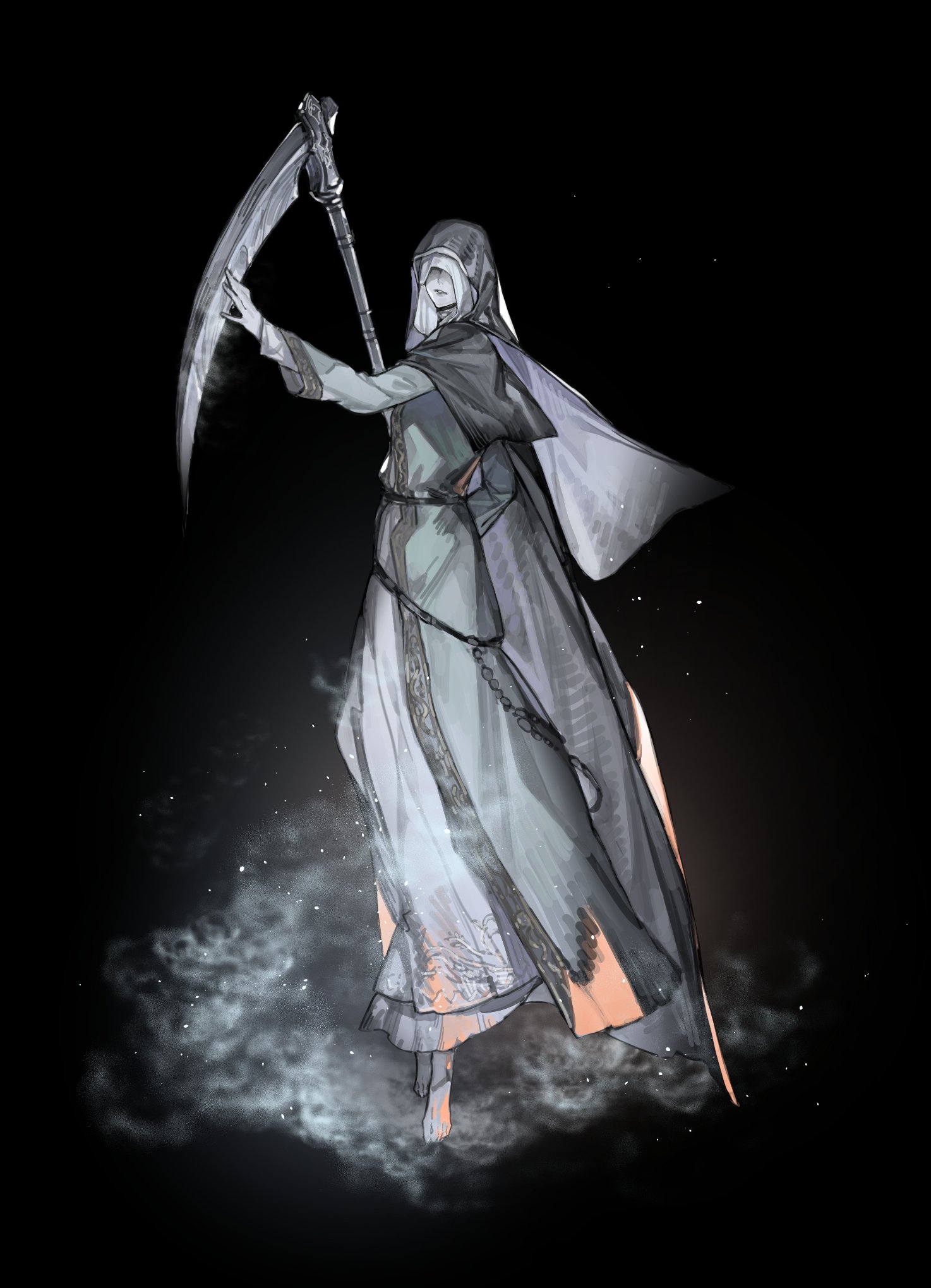 riio, sister friede, dark souls (series), dark souls iii, commentary, highres, symbol-only commentary, 1girl, barefoot, black background, coif, cold, colored skin, covered eyes, full body, holding, holding scythe, holding weapon, nun, parted lips, scythe, snow, solo, standing, weapon, white skin