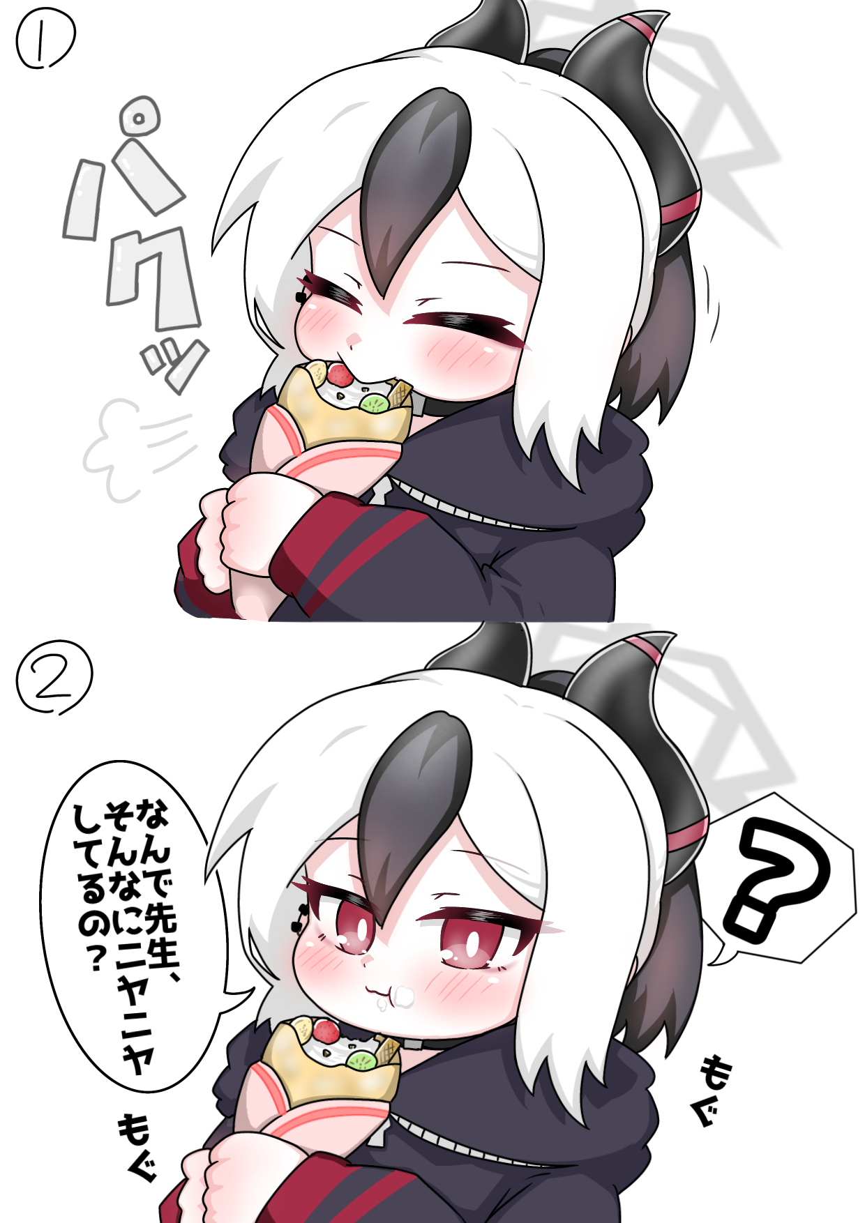 tomimon, kayoko (blue archive), blue archive, commentary request, highres, translation request, 1girl, :t, ?, black choker, black hair, blush, chibi, choker, closed mouth, crepe, ear piercing, eating, food, food on face, fruit, hair between eyes, halo, holding, holding food, horns, long sleeves, looking at viewer, motion lines, multicolored hair, piercing, ponytail, puffy long sleeves, puffy sleeves, red eyes, simple background, sleeves past wrists, spoken question mark, strawberry, two-tone hair, wavy mouth, white background, white hair