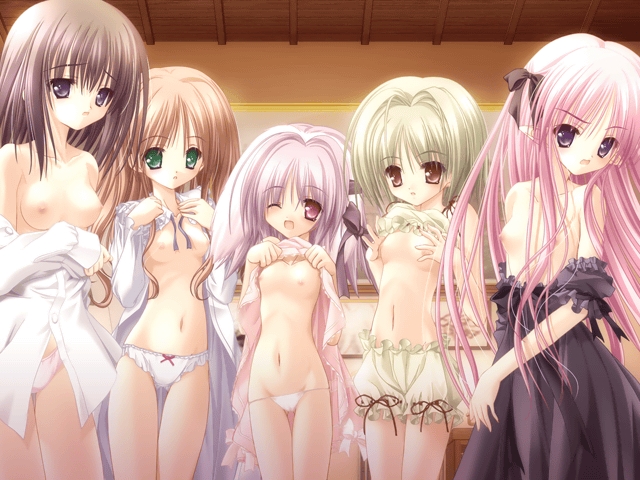 shuna, farfa, ren (magical tale), sasha (magical tale), shuna (magical tale), teana, cafe little wish, magical tale, tinkerbell (company), game cg, source request, 5girls, blonde hair, bloomers, bow, bow panties, breasts, brown eyes, brown hair, collarbone, dress, everyone, eyes visible through hair, female focus, flat chest, frills, green eyes, hair bow, hair ribbon, indoors, loli, long hair, long sleeves, looking at viewer, matching hair/eyes, midriff, mirror, multiple girls, navel, nipples, one eye closed, open mouth, orange hair, panties, pink eyes, pink hair, pink panties, purple dress, ribbon, shirt, short hair, sleeves past wrists, small breasts, thigh gap, underwear, undressing, very long hair, white panties, wink