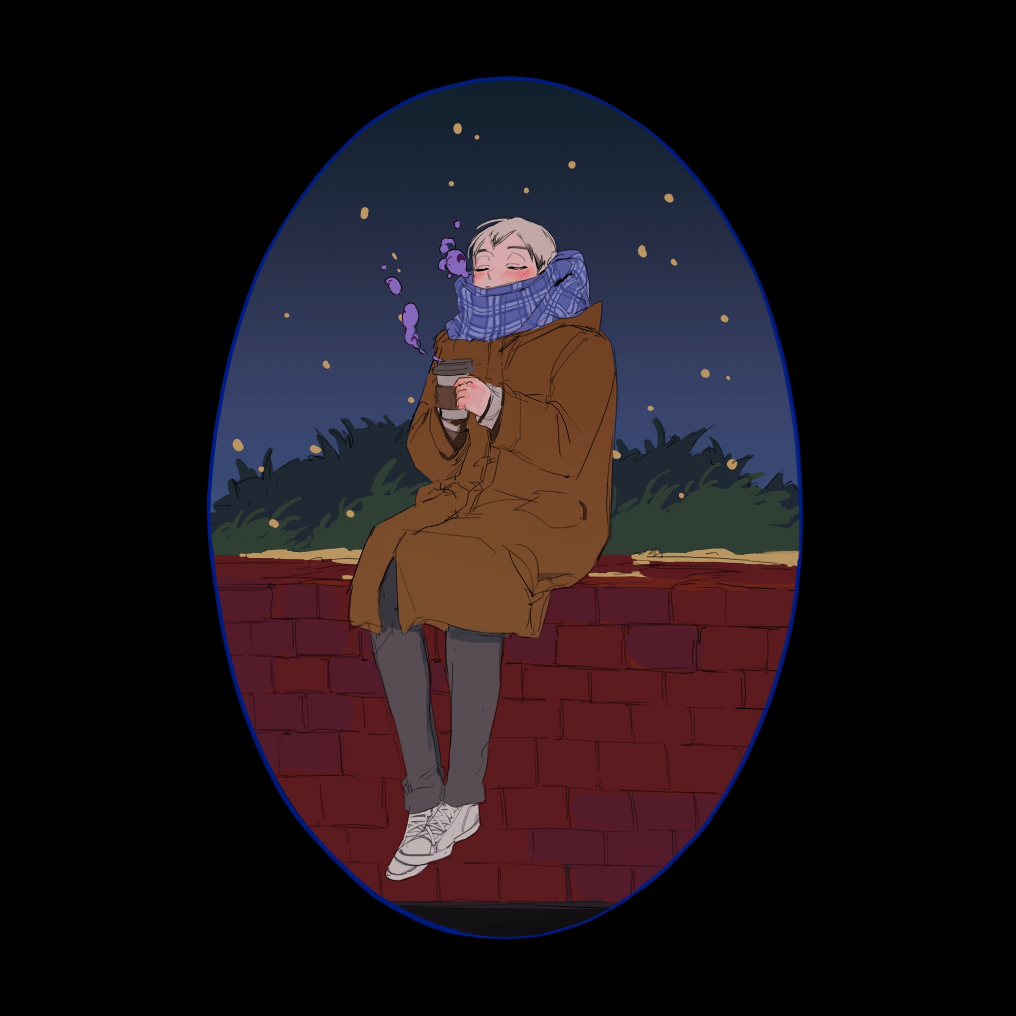 cookiechochop, kita shinsuke, haikyuu!!, highres, 1boy, arms up, black background, black hair, black pants, blue scarf, blush, breath, brick wall, brown coat, closed eyes, coat, colored tips, covered mouth, cup, disposable coffee cup, disposable cup, grey hair, holding, holding cup, layered sleeves, long sleeves, male focus, multicolored hair, night, night sky, outdoors, pants, plant, scarf, shoes, sitting, sitting on wall, sky, sneakers, solo, star (sky), starry sky, white shoes