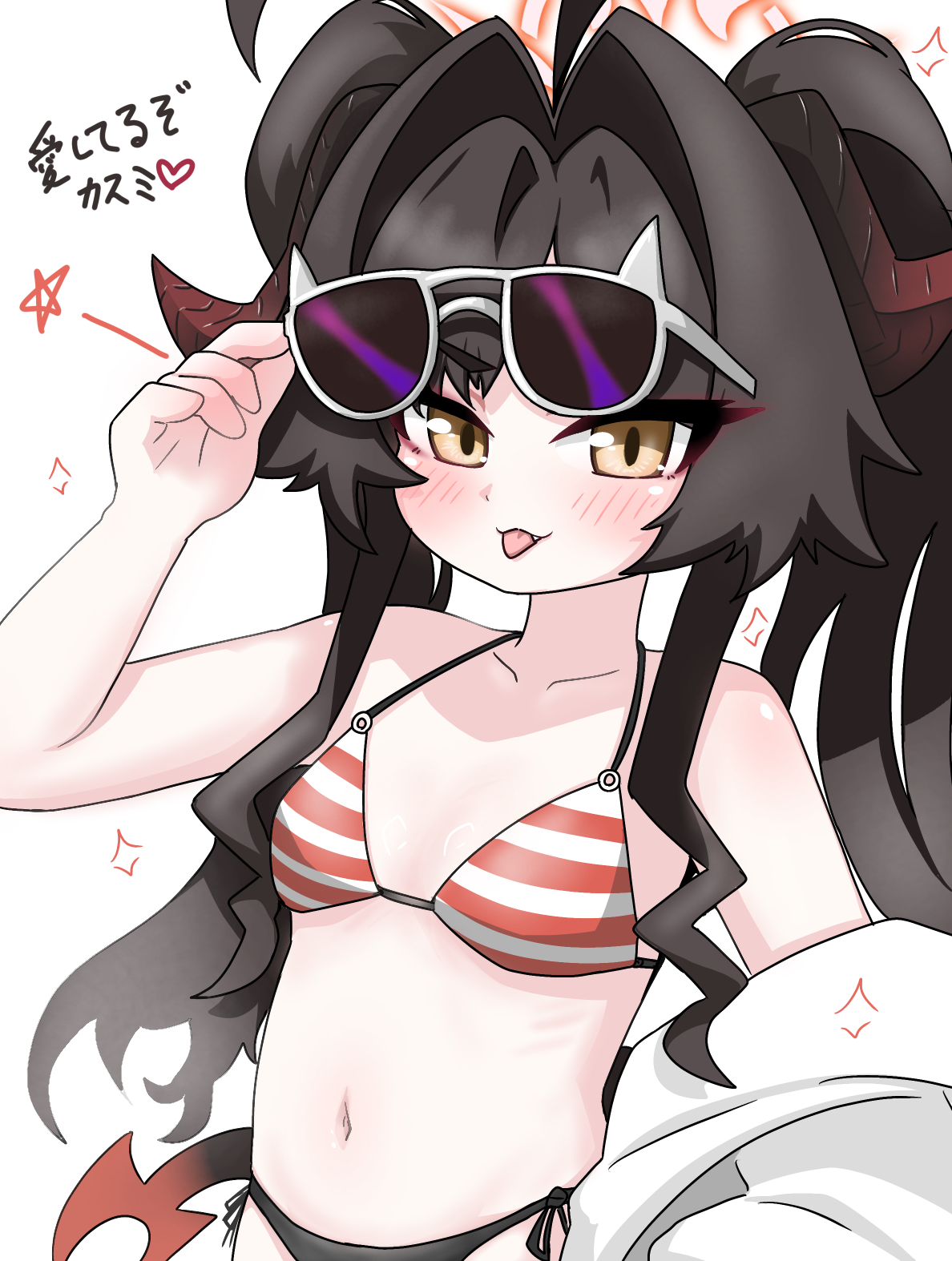 tomimon, kasumi (blue archive), kasumi (swimsuit) (blue archive), blue archive, commentary request, highres, translation request, 1girl, :p, arm up, bare arms, bare shoulders, bikini, black bikini, black hair, blush, breasts, brown eyes, collarbone, eyewear lift, hair intakes, halo, horns, lab coat, long hair, looking at viewer, navel, off shoulder, side-tie bikini bottom, simple background, small breasts, solo, star (symbol), striped bikini, striped clothes, sunglasses, swimsuit, tail, thick eyebrows, tongue, tongue out, twintails, v-shaped eyebrows, very long hair, white-framed eyewear, white background