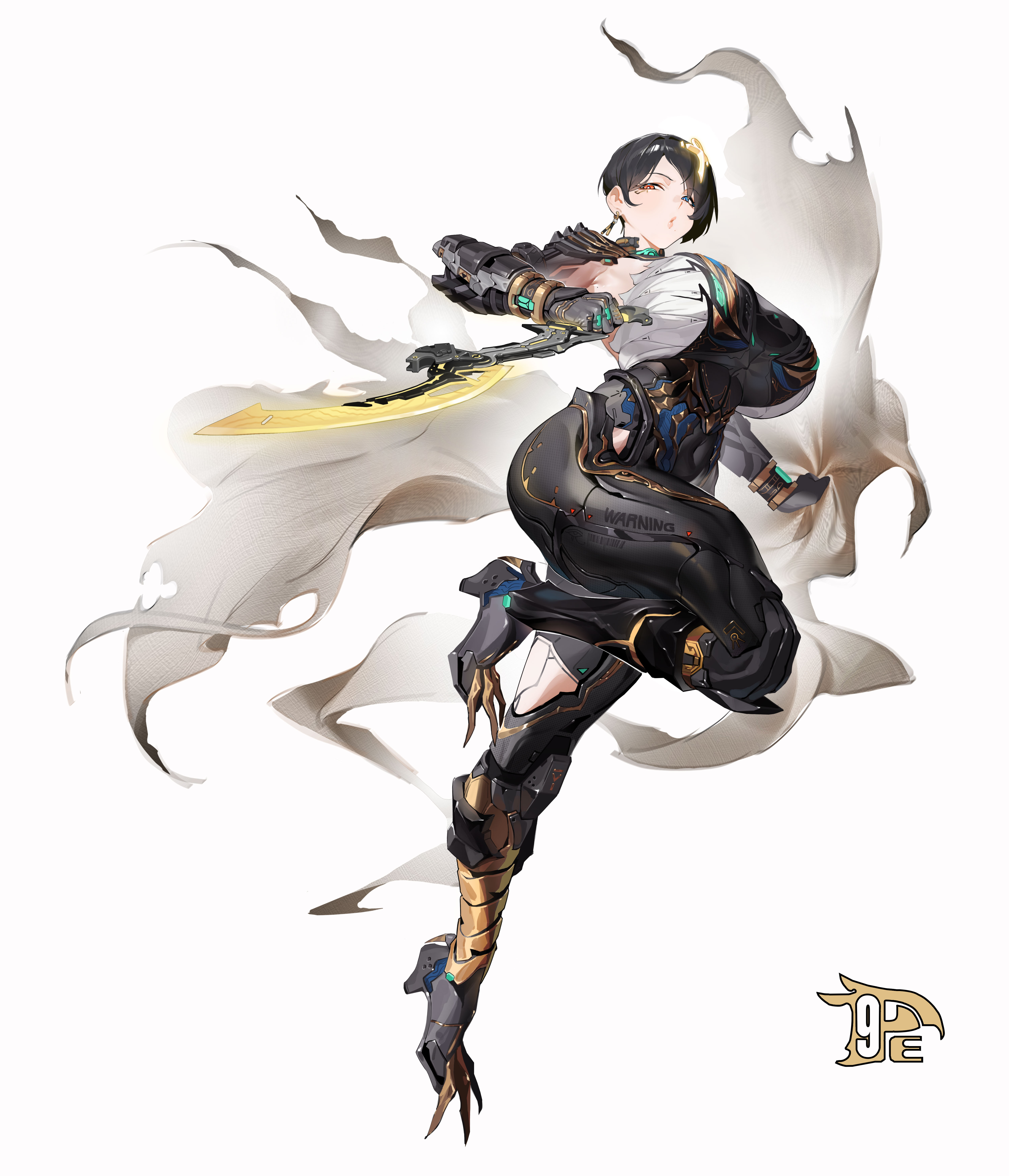 pencil9, original, absurdres, highres, 1girl, armor, armpits, black hair, bodysuit, breasts, full body, gauntlets, high heels, holding, holding weapon, knife, large breasts, leg armor, looking at viewer, mechanical arms, mechanical legs, reverse grip, short hair, simple background, solo, sword, torn clothes, weapon, white background, yellow eyes