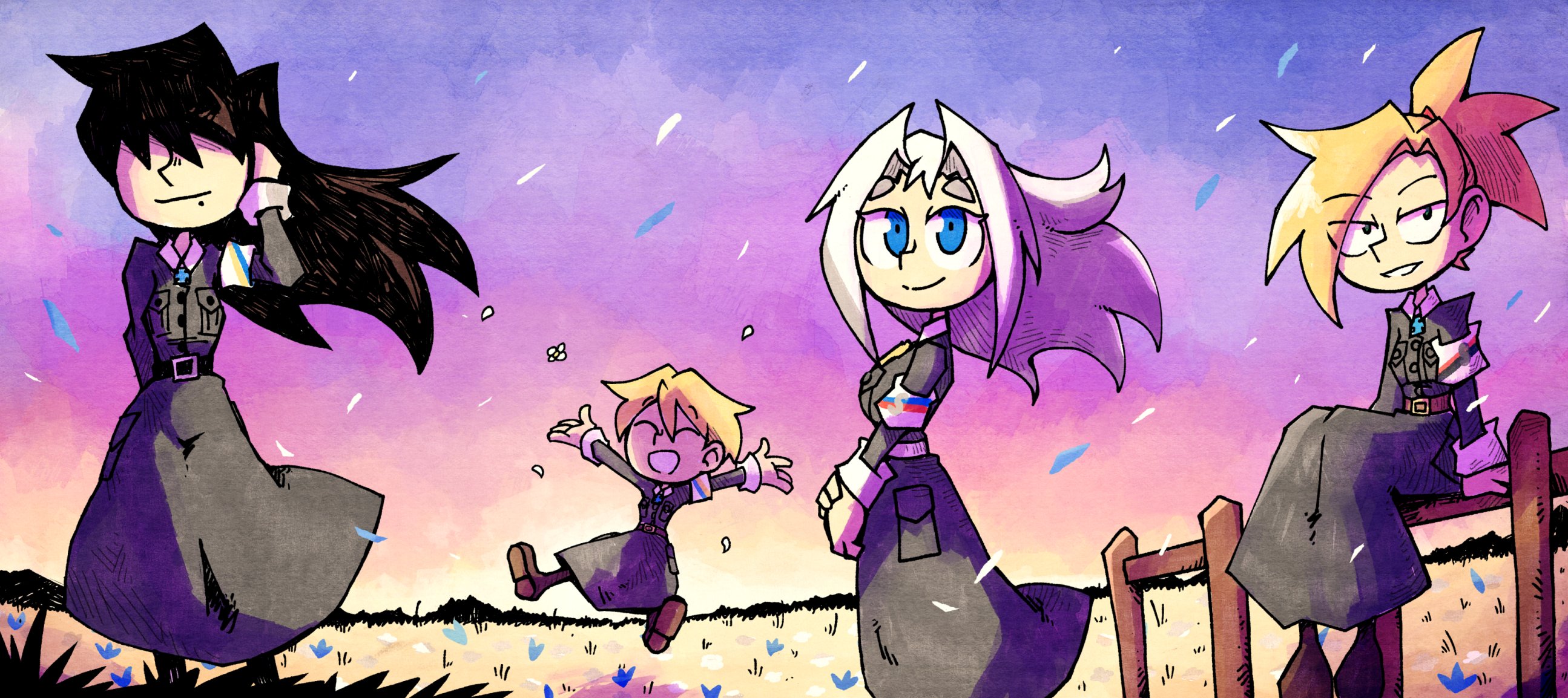 setz, helle (lotta svaerd), lahja svanbaeck (lotta svaerd), taimi maeki (lotta svaerd), tyyne rist (lotta svaerd), lotta svaerd: women of war, original, highres, armband, belt, black hair, blonde hair, blue eyes, boots, coat, dusk, fence, field, finland, finnish army, flower, grass, grey coat, hair over eyes, hand in own hair, jumping, long hair, long sleeves, looking at viewer, lotta svaerd, mole, multiple girls, open mouth, outdoors, ponytail, purple sky, short hair, sitting on fence, sky, smile, standing, white armband, white hair, wind