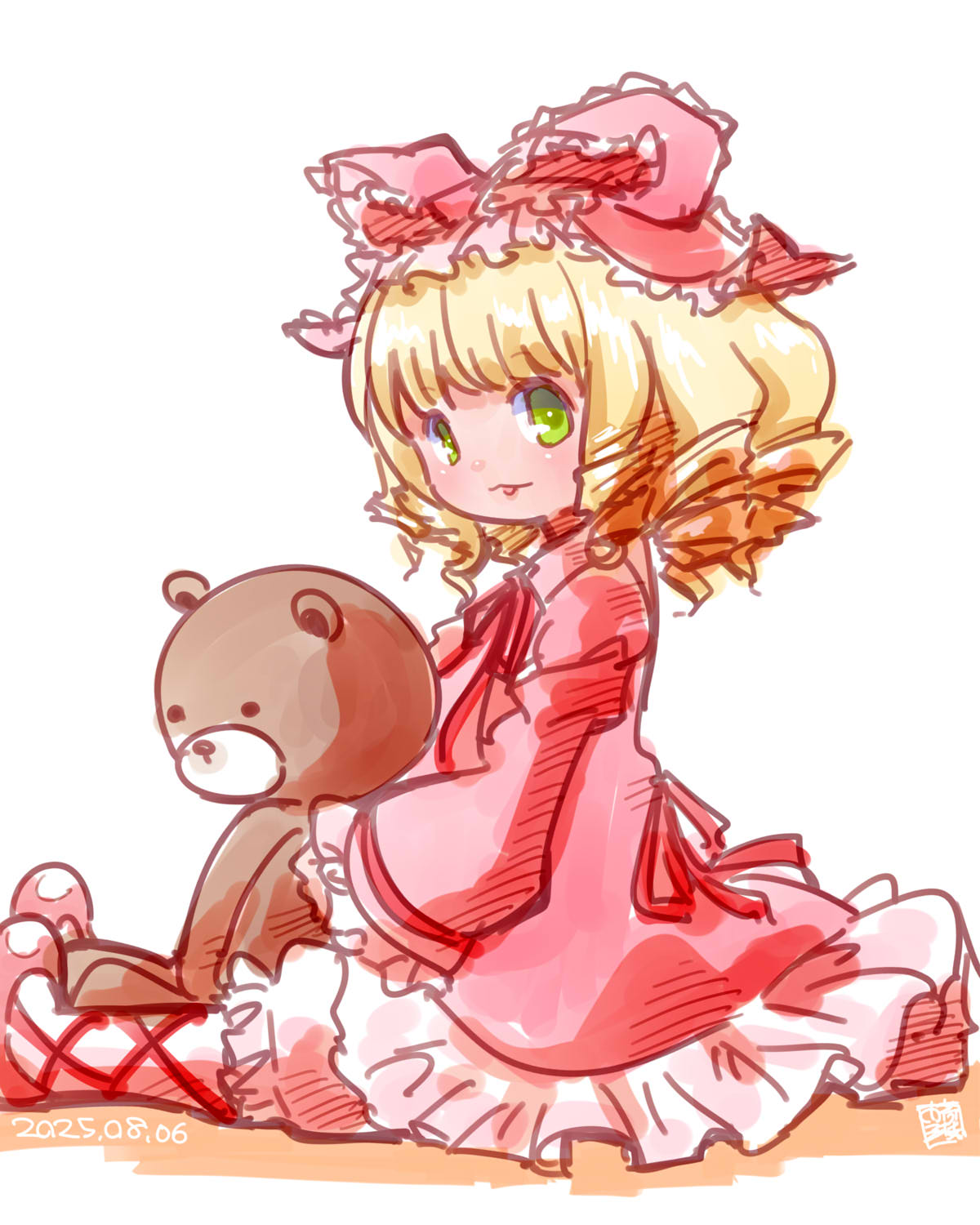 itini-sanshi, hinaichigo, rozen maiden, commentary request, highres, 1girl, :3, blonde hair, blush, bow, coat, dress, frilled bow, frilled dress, frills, full body, green eyes, hair bow, lolita fashion, long sleeves, looking at viewer, looking to the side, open mouth, pink bow, pink coat, pink shoes, shoes, short hair, simple background, smile, socks, solo, stuffed animal, stuffed toy, teddy bear, white background, white dress, white socks