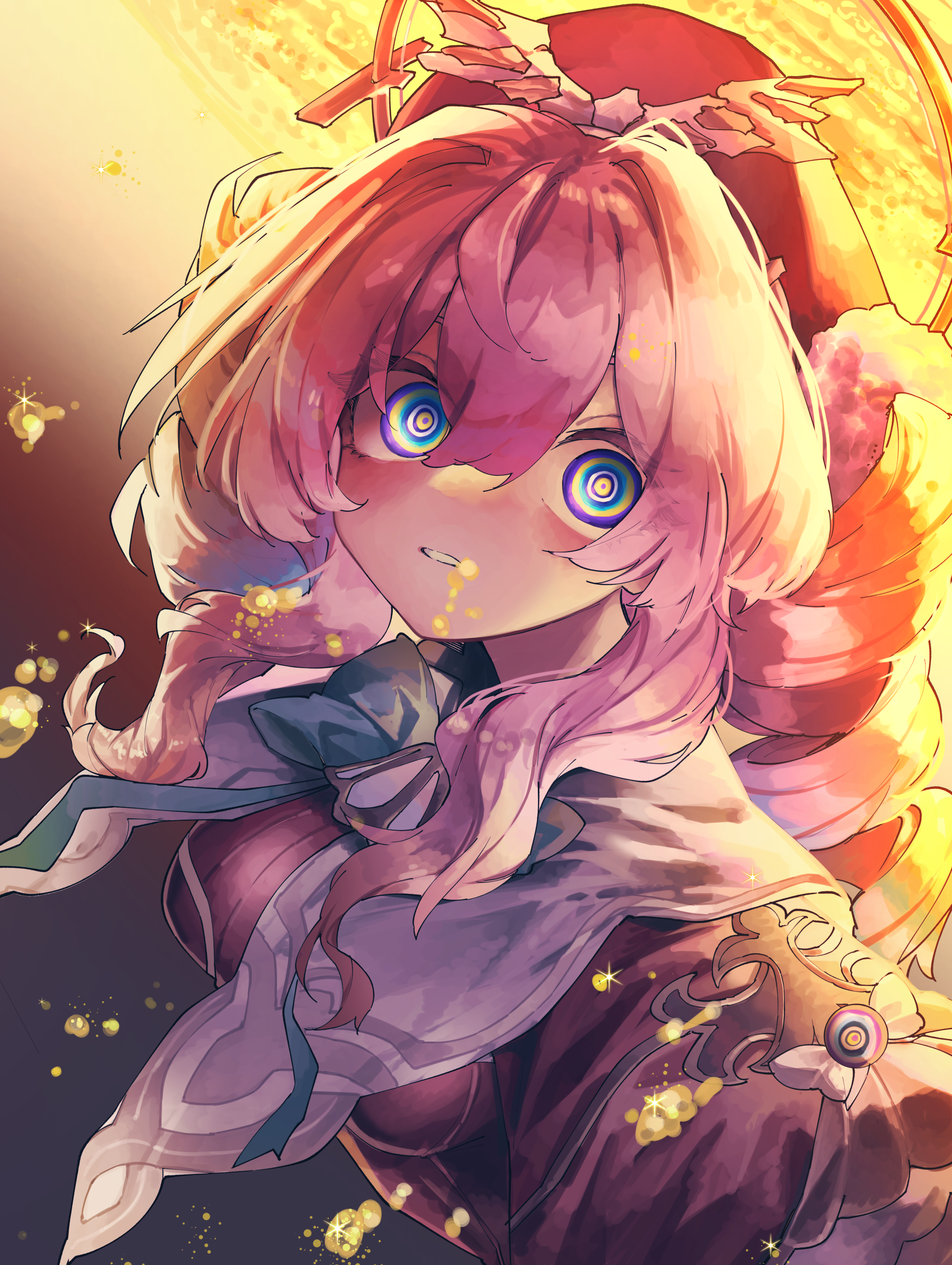 vivo (vivo sun 0222), hyacine (honkai: star rail), honkai: star rail, honkai (series), absurdres, highres, 1girl, @ @, aqua bow, aqua bowtie, beret, bow, bowtie, breasts, dress, drill hair, hair between eyes, hat, looking at viewer, medium breasts, multicolored eyes, open mouth, pink hair, red dress, red hat, solo, teeth, twin drills, twintails, upper body