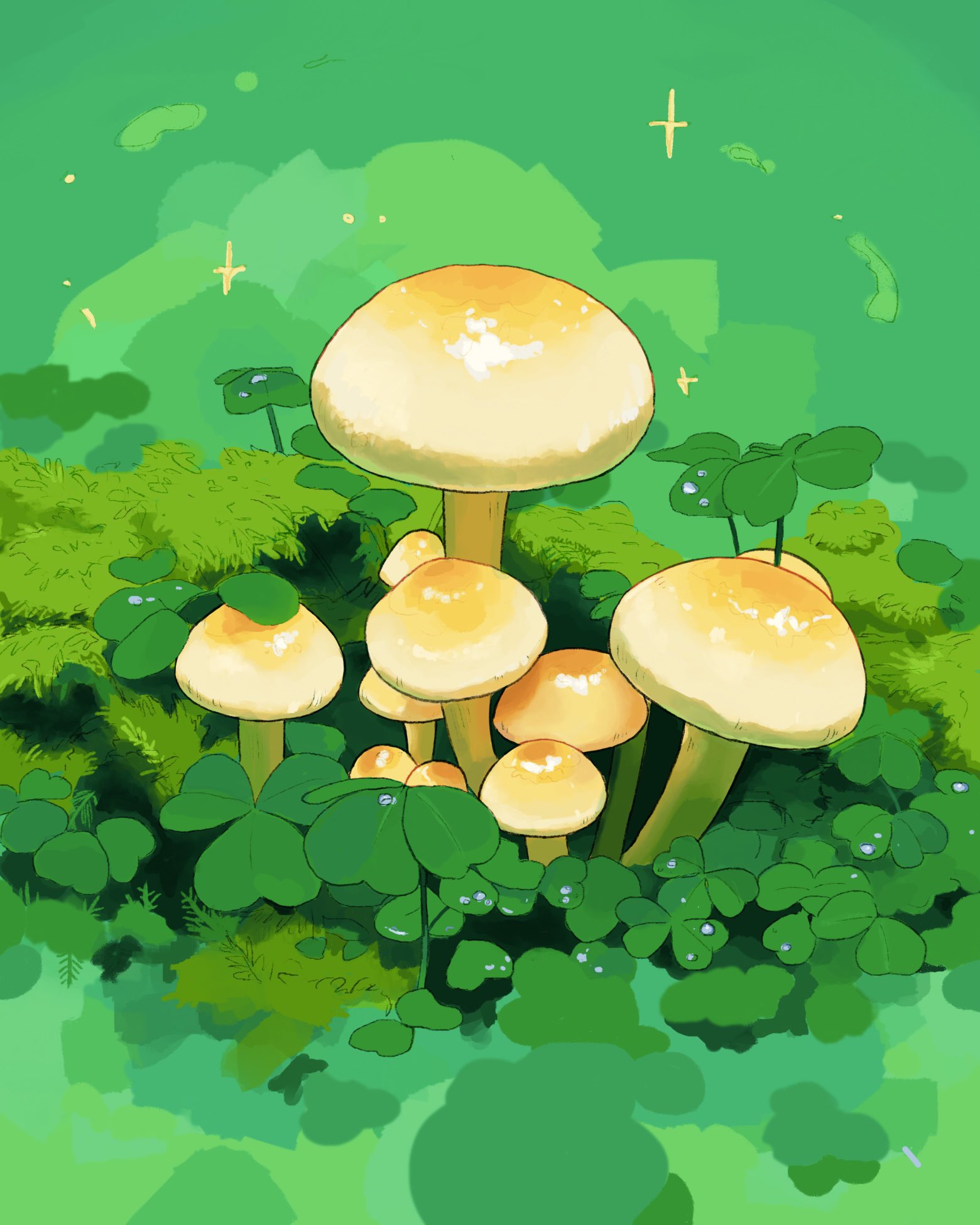 rokktober, original, commentary, english commentary, highres, clover, green background, mushroom, nature, no humans, plant, plant focus