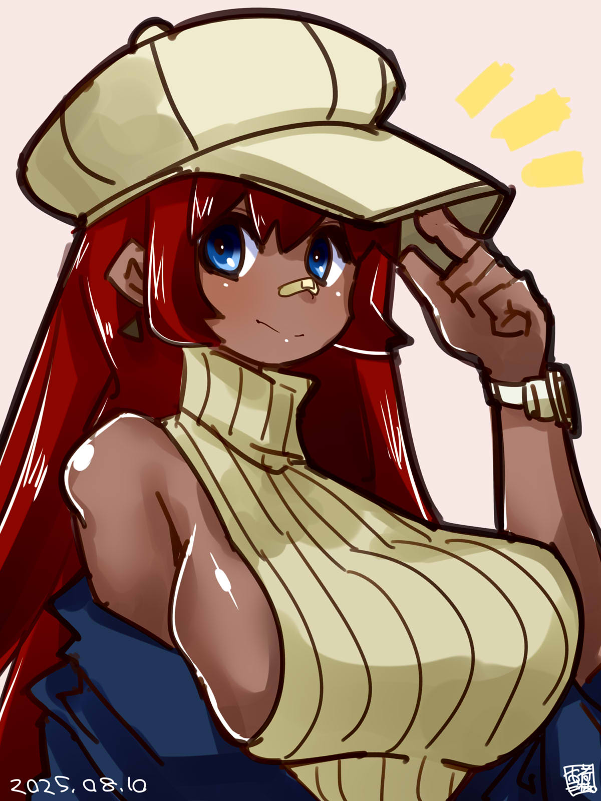 itini-sanshi, original, commentary request, highres, 1girl, adjusting clothes, adjusting headwear, bandaid, bandaid on face, bandaid on nose, blue eyes, blue jacket, blush, breasts, closed mouth, dark-skinned female, dark skin, dated, grey background, hat, jacket, jacket partially removed, large breasts, long hair, looking at viewer, newsboy cap, notice lines, red hair, sideboob, sleeveless, sleeveless sweater, sleeveless turtleneck, smile, solo, sweater, turtleneck, turtleneck sweater, upper body, watch, wristwatch, yellow hat, yellow sweater