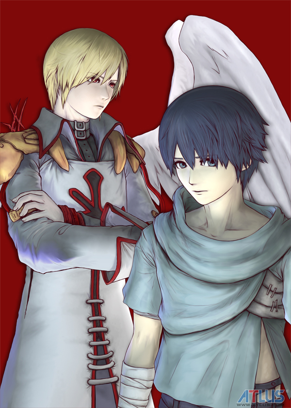 protagonist (baroque), atlus, baroque (game), baroque (series), character request, official art, 2boys, angel, angel wings, male focus, multiple boys, watermark, wings