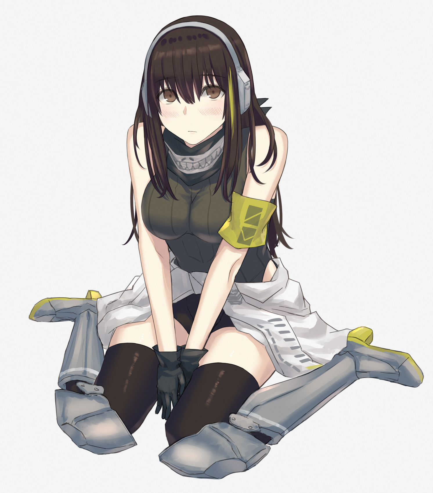 asakiri koko, m4a1 (girls' frontline), girls' frontline, commentary request, highres, 1girl, armband, bandana, between legs, black bandana, black gloves, black shorts, black thighhighs, blush, boots, breasts, brown eyes, brown hair, clothes around waist, full body, gloves, green armband, green hair, green sweater, grey boots, hair between eyes, hand between legs, jacket, jacket around waist, knee pads, long hair, long sidelocks, looking at viewer, medium breasts, multicolored hair, pout, short shorts, shorts, sidelocks, simple background, sitting, skull print, sleeveless, sleeveless sweater, solo, streaked hair, sweater, thighhighs, wariza, white background, white jacket