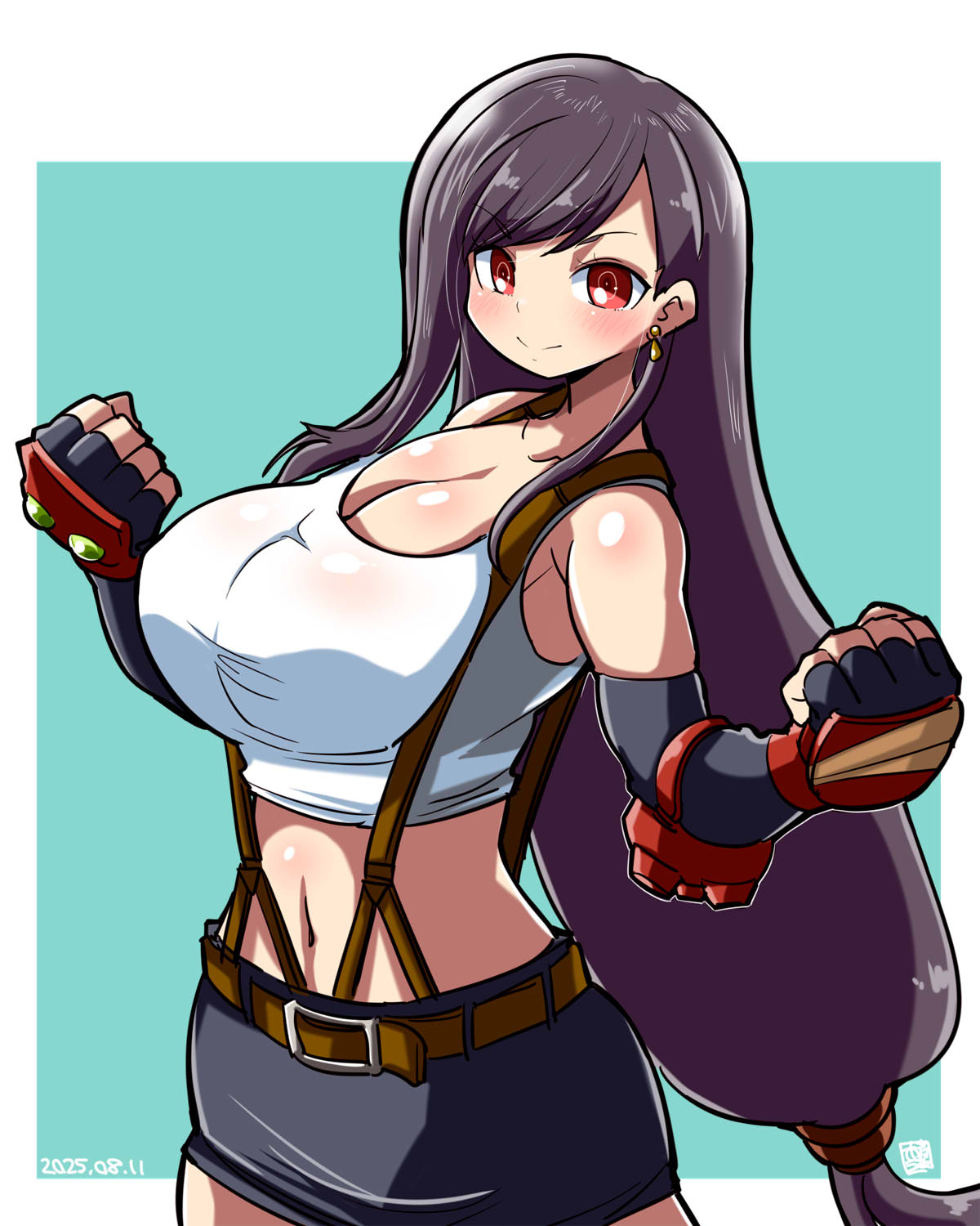 itini-sanshi, tifa lockhart, final fantasy, final fantasy vii, final fantasy vii remake, commentary request, highres, 1girl, belt, black gloves, black hair, black skirt, blue background, blush, breasts, brown belt, cleavage, clenched hands, closed mouth, cowboy shot, crop top, dated, earrings, elbow gloves, gloves, jewelry, large breasts, long hair, looking at viewer, low-tied long hair, midriff, miniskirt, navel, pencil skirt, red eyes, sidelocks, simple background, skirt, smile, solo, suspenders, tank top, two-tone background, very long hair, white background, white tank top