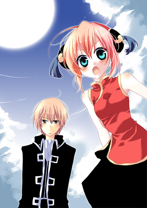 ico (pekoguest), kagura (gintama), okita sougo, gintama, 00s, 1boy, 1girl, :o, ahoge, bare shoulders, blonde hair, blue eyes, blush, china dress, chinese clothes, cloud, day, dress, hairpods, open mouth, orange hair, red eyes, short hair, skirt, sky, sleeveless, sun, turtleneck