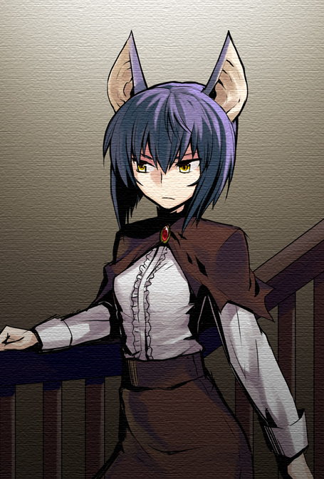 heebee, 1girl, animal ears, bat ears, blue hair, frills, short hair, stole, yellow eyes