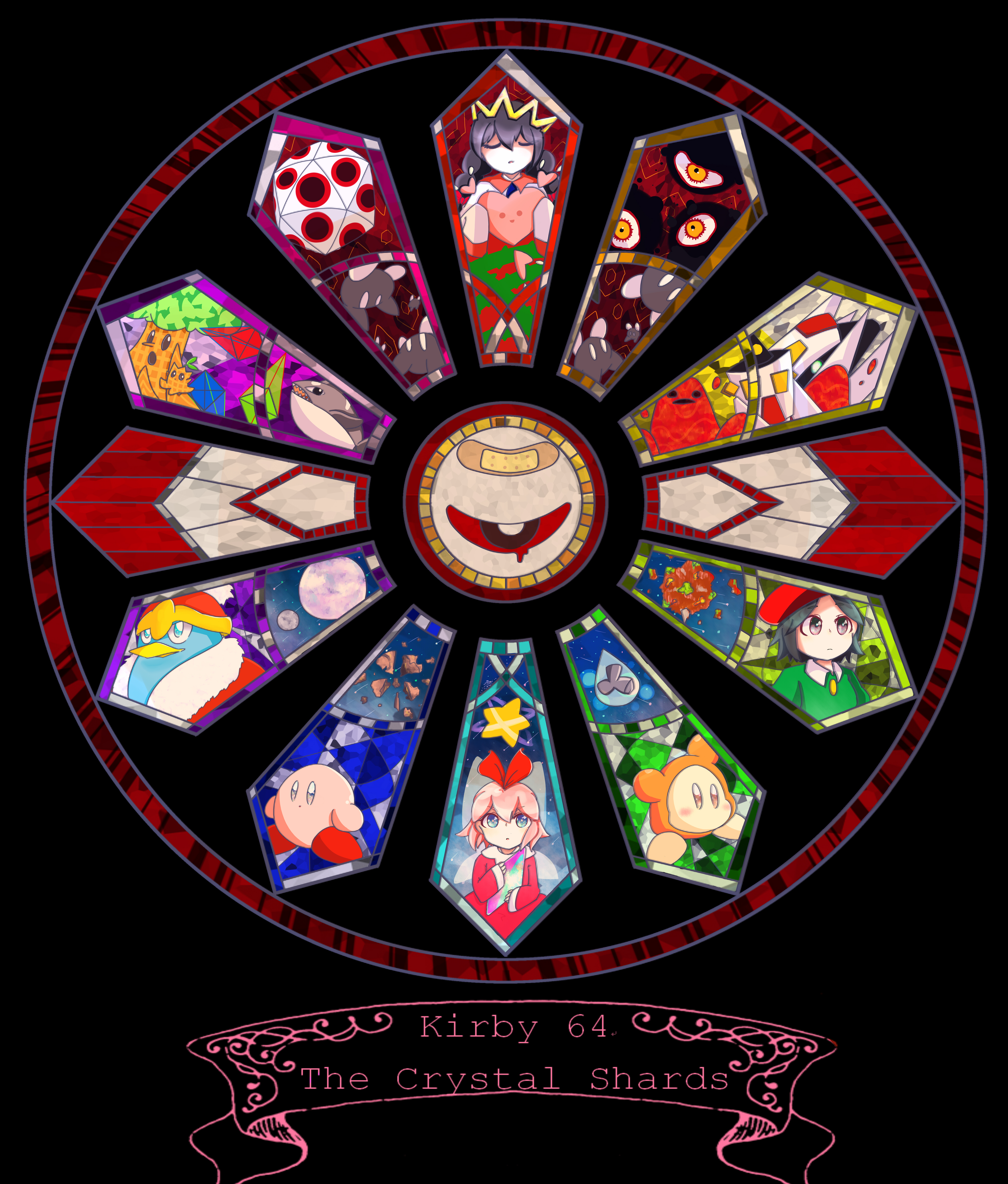 acro (kirby), adeleine, king dedede, kirby, miracle matter, n-z, ribbon (kirby), ripple star queen, waddle dee, whispy woods, whispy woods jr., zero two (kirby), kirby (series), kirby 64, nintendo, absurdres, highres, bandaid, black background, black hair, bow, colored skin, copyright name, crown, dark matter trio, fairy, fairy wings, hair bow, hat, one-eyed, pink hair, pink skin, red bow, red eyes, red hat, ripple star, star (symbol), wings, yasohathi