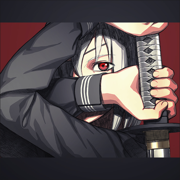 iwai ryou, original, silver hair, 1girl, female focus, katana, letterboxed, one eye covered, red background, red eyes, school uniform, serafuku, simple background, solo, sword, weapon