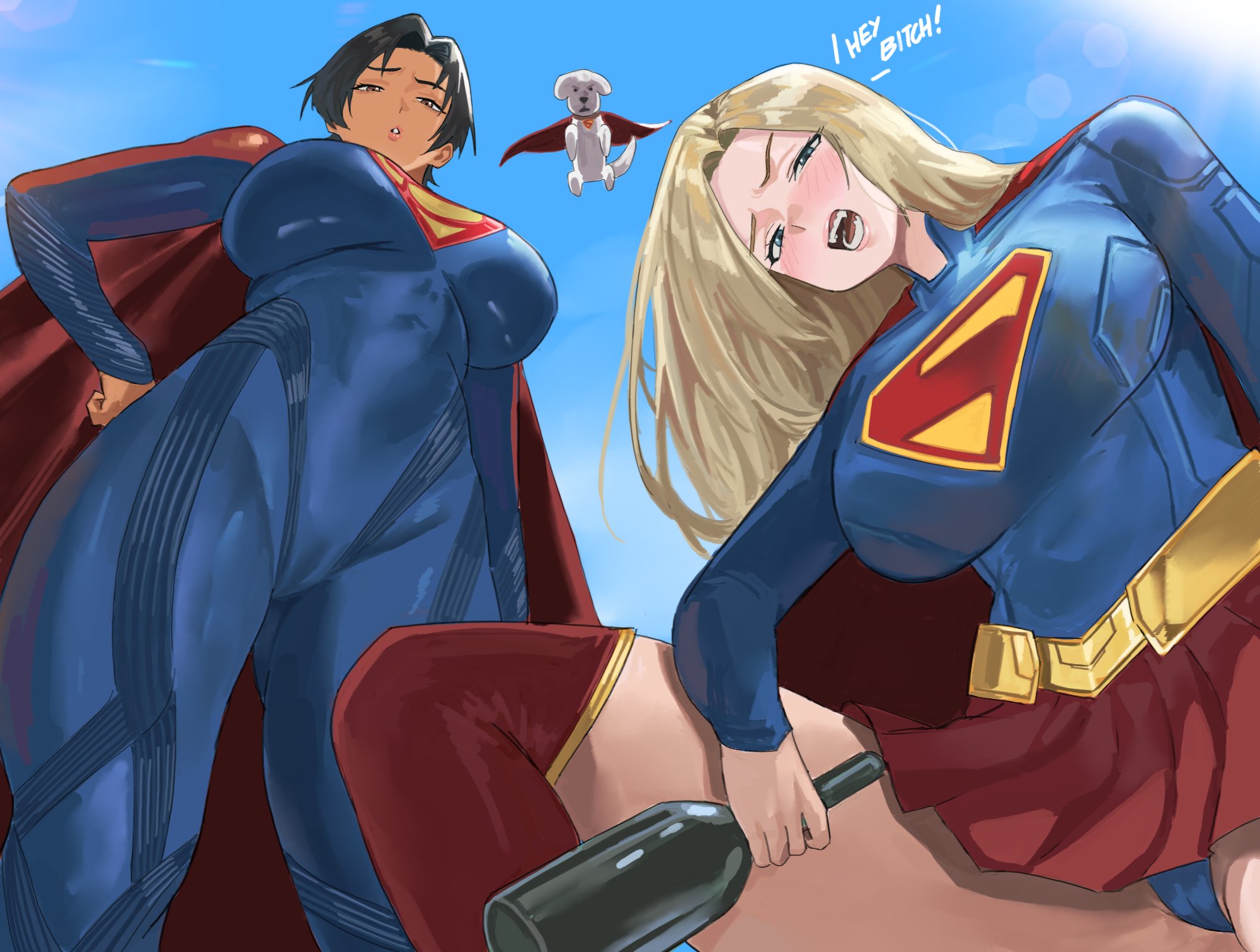 mugi (mugit49), krypto the superdog, supergirl, supergirl (2004 costume), dc comics, dc extended universe, dc universe (franchise), superman (2025), superman (series), the flash (movie), highres, 2girls, alcohol, belt, black hair, blonde hair, blue bodysuit, bodysuit, boots, bottle, cape, drunk, from below, leotard, multiple girls, pov, red boots, red cape, red skirt, skirt, sleeved leotard, superhero costume, superman logo, white dog, yellow belt