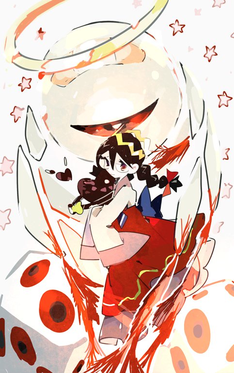 sirasudon3, miracle matter, ripple star queen, zero two (kirby), kirby (series), kirby 64, nintendo, protected link, 1girl, bandaid, black hair, bow, braid, crown, glasses, hair bow, halo, long hair, long skirt, low twin braids, one-eyed, red bow, red eyes, ripple star, skirt, sleeves past fingers, sleeves past wrists, star (symbol), twin braids