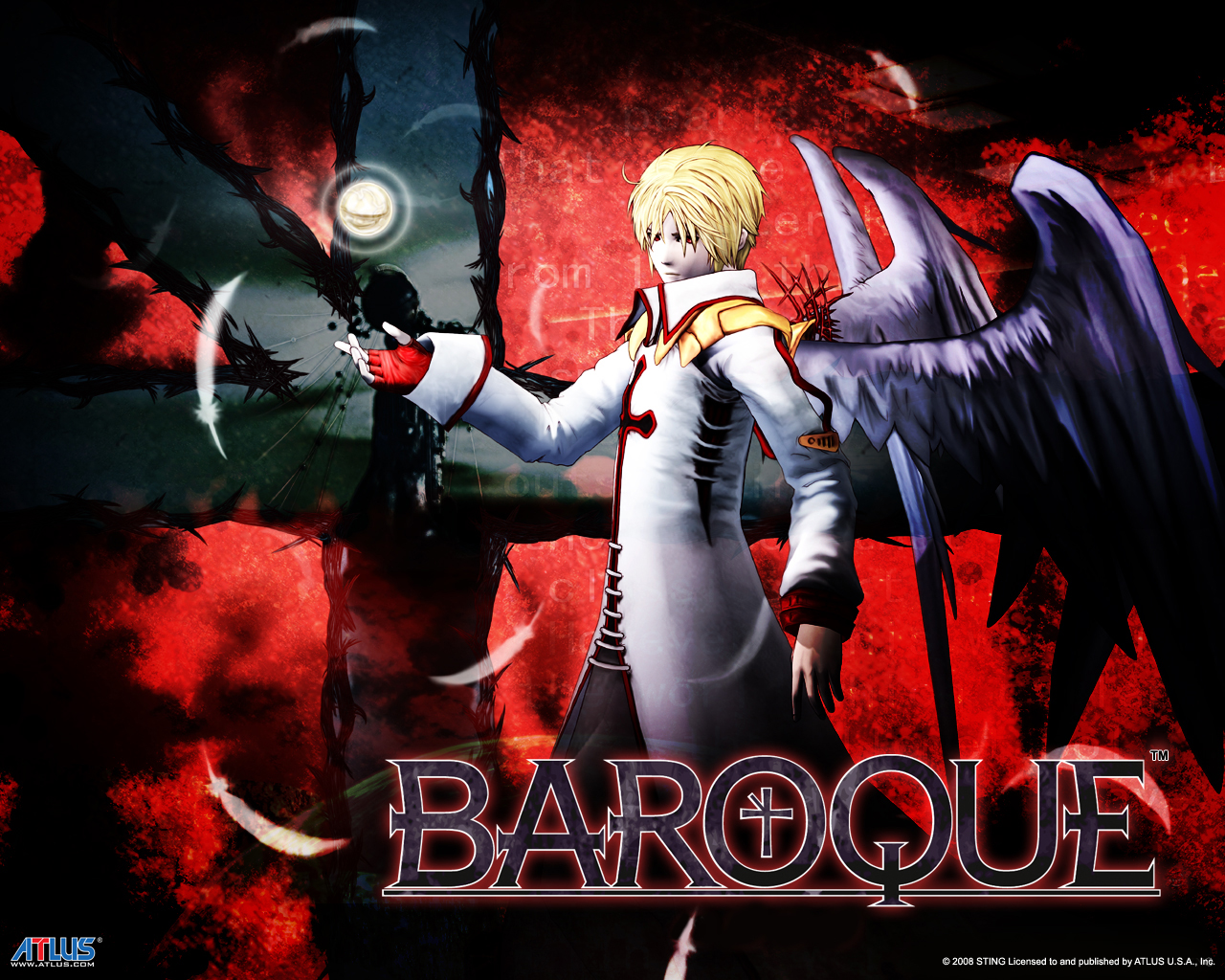 baroque (sound horizon), atlus, baroque (series), uniform, official art, 1boy, angel, angel wings, black wings, blonde hair, coat, copyright name, cowboy shot, letterboxed, long sleeves, male focus, outstretched arm, sleeve cuffs, solo, standing, text focus, wings