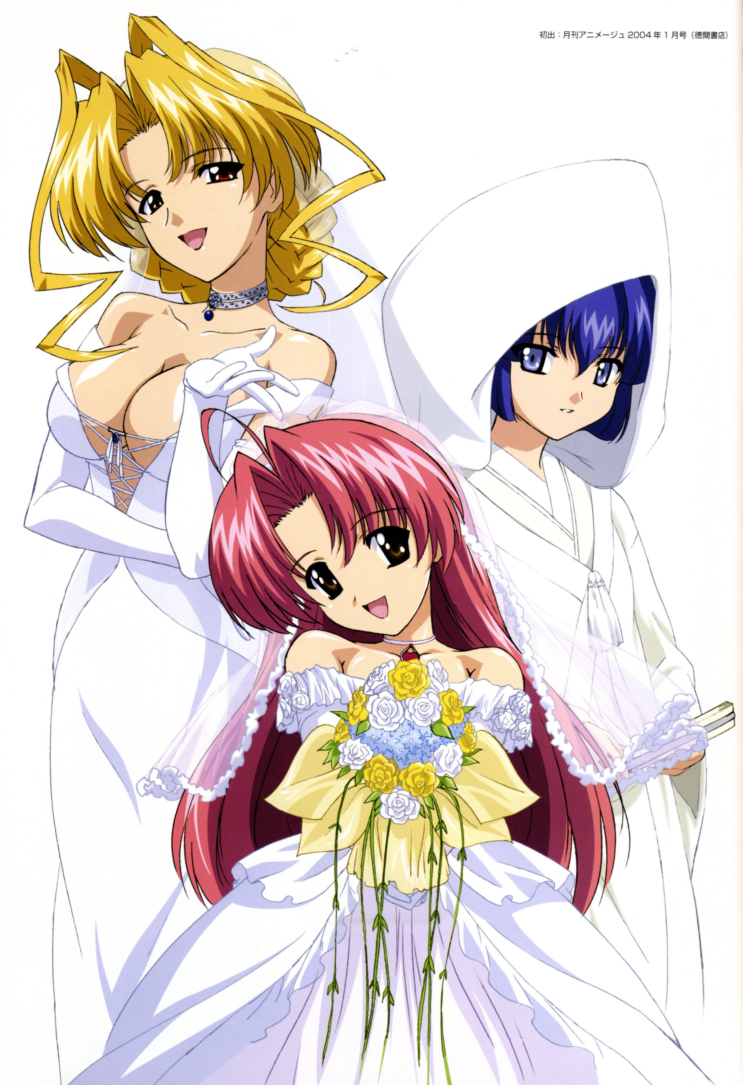kamishiro rin, kazetsubaki kuriko, miyama yuuna, maburaho, absurdres, highres, 00s, breasts, dress, wedding dress