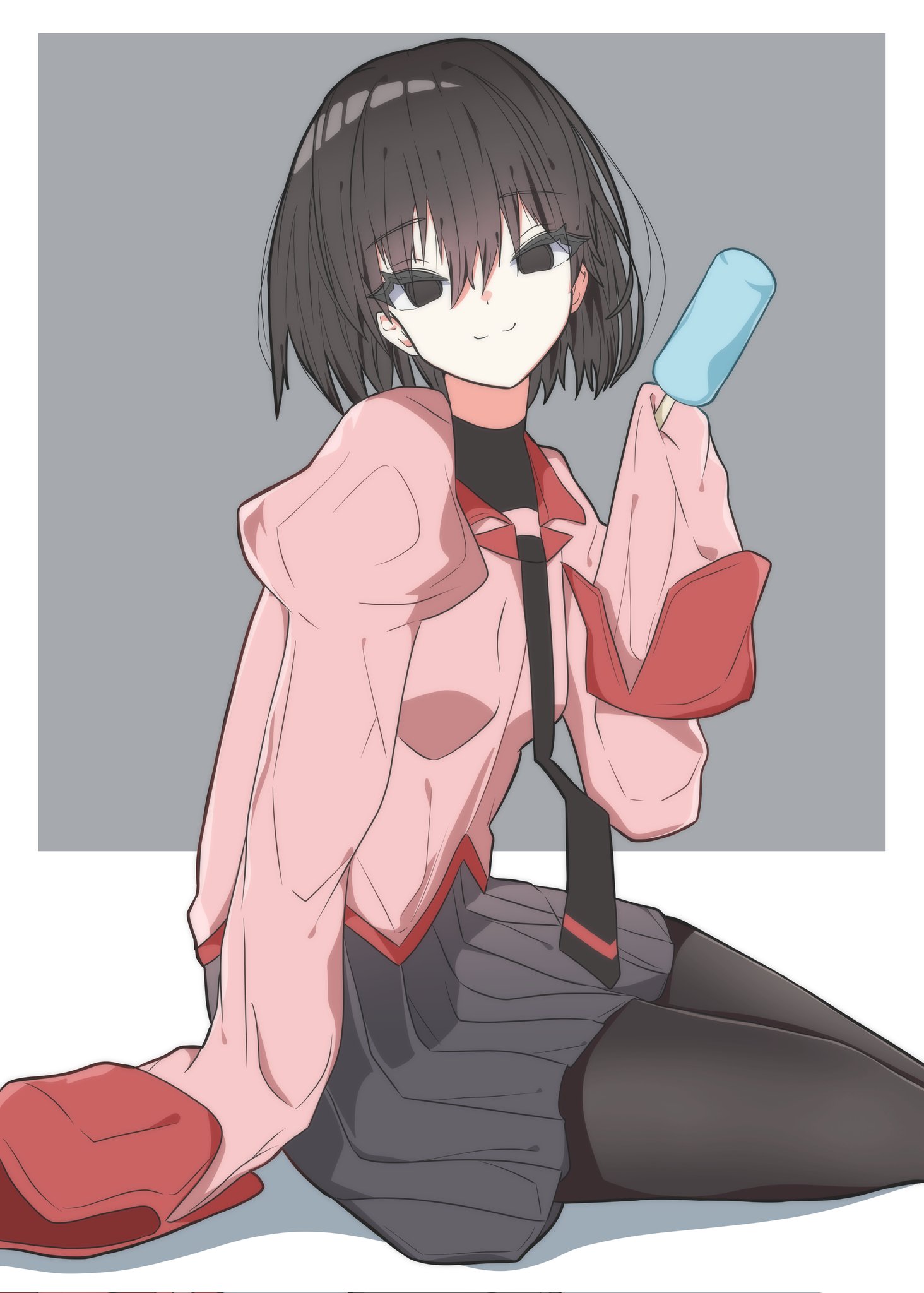 ra zels, oshino ougi, monogatari (series), commentary, highres, 1girl, black eyes, black hair, black necktie, black pantyhose, black skirt, border, closed mouth, food, grey background, hair between eyes, holding, holding food, holding ice cream, ice cream, looking at viewer, medium hair, necktie, outside border, pantyhose, pink shirt, pleated skirt, red trim, shirt, sitting, skirt, sleeves past fingers, sleeves past wrists, smile, solo, very long sleeves, white border