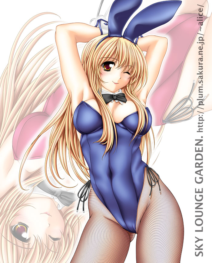 tomoya kankurou, 1girl, animal ears, blonde hair, breasts, cleavage, cowboy shot, detached collar, fake animal ears, female focus, fishnet pantyhose, fishnets, large breasts, leotard, long hair, pantyhose, playboy bunny, rabbit ears, solo, watermark, web address