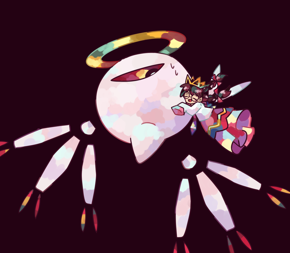 masyu ori, ripple star queen, zero two (kirby), kirby (series), kirby 64, nintendo, bad id, bad pixiv id, 1girl, black background, black hair, bow, braid, crown, fairy, fairy wings, hair bow, halo, hug, long hair, long skirt, low twin braids, one-eyed, pink bow, red eyes, simple background, skirt, sleeves past fingers, sleeves past wrists, sweatdrop, twin braids, wings
