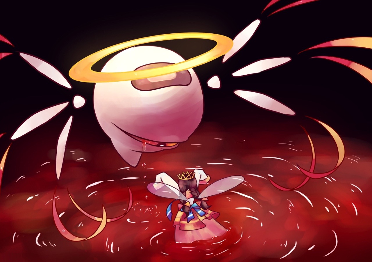 masyu ori, ripple star queen, zero two (kirby), kirby (series), kirby 64, nintendo, 1girl, bandaid, black hair, blood, bow, braid, crown, fairy, fairy wings, hair bow, halo, long hair, long skirt, low twin braids, one-eyed, pink skirt, red bow, red eyes, skirt, sleeves past fingers, sleeves past wrists, twin braids, wings