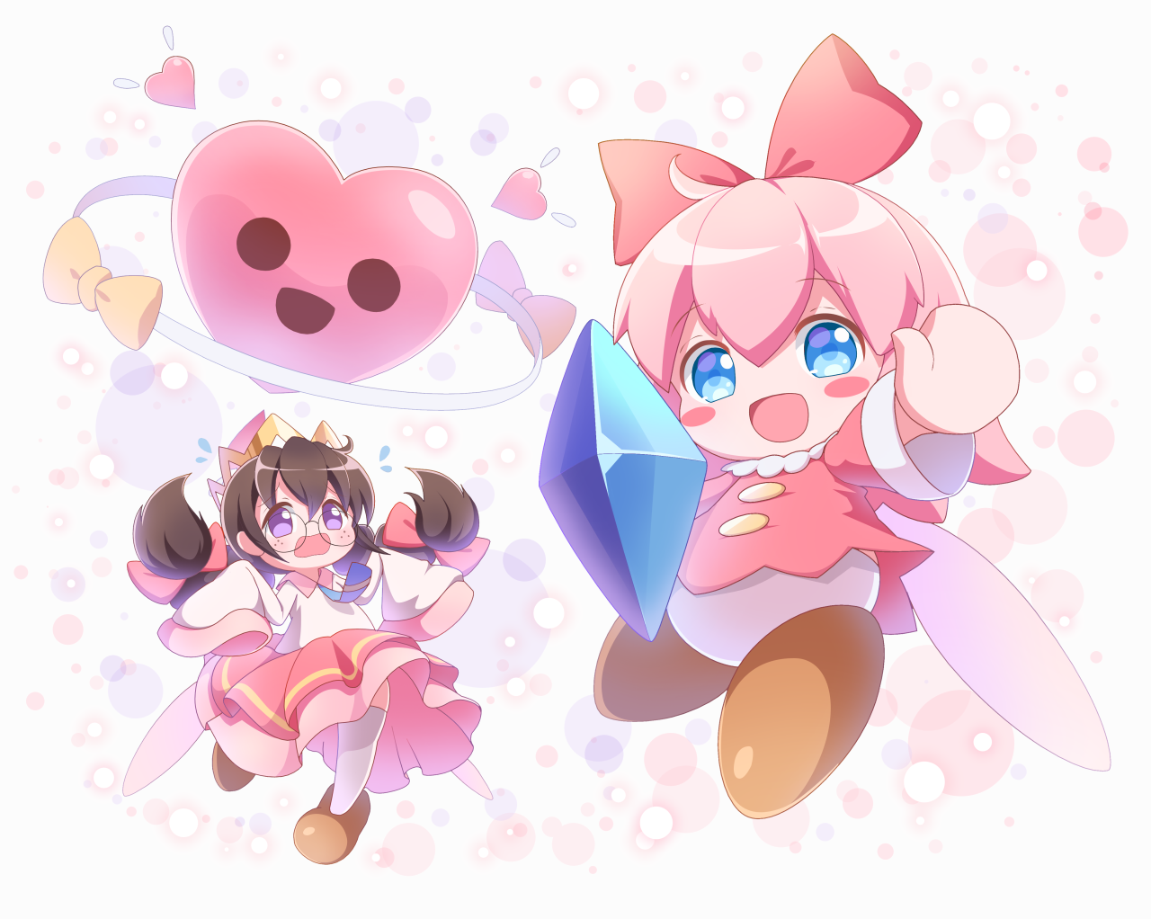 neru (neruneruru), ribbon (kirby), ripple star queen, kirby (series), kirby 64, nintendo, 2girls, black hair, blue eyes, bow, brown shoes, crown, crystal, fairy, fairy wings, freckles, glasses, hair bow, holding, holding crystal, long hair, multiple girls, open mouth, pink hair, pink skirt, purple eyes, red bow, ripple star, shoes, skirt, sleeves past fingers, sleeves past wrists, smile, socks, white socks, wings