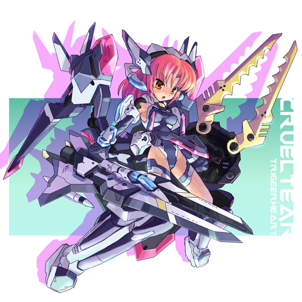 katahira masashi, crueltear, trigger heart exelica, 1girl, armor, armored boots, blush, boots, brown eyes, female focus, full body, mecha musume, red hair, short hair, simple background, solo, standing, thigh strap, white background