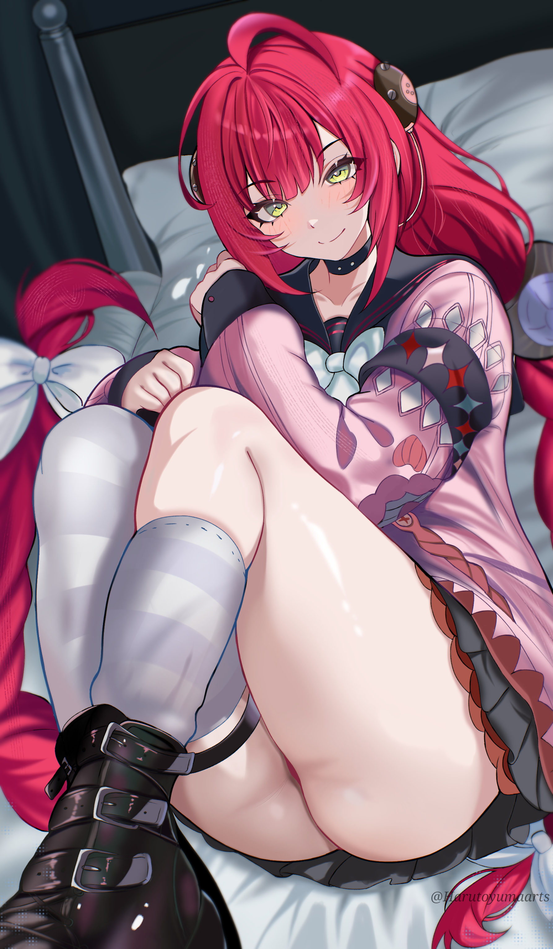 harutoyumaarts, ukinami yuzuha, zenless zone zero, absurdres, highres, 1girl, ahoge, ass, black sailor collar, black shoes, black skirt, blush, bow, braid, cardigan, closed mouth, green eyes, hair bow, long hair, looking at viewer, low twin braids, pink cardigan, red hair, sailor collar, shoes, skirt, smile, socks, solo, thigh strap, twin braids, very long hair, white bow, white socks