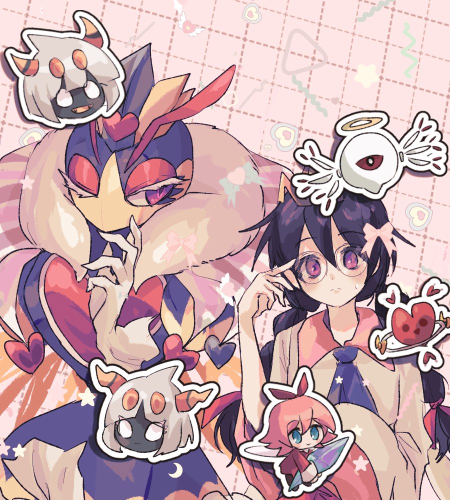 old friend (kirby), queen sectonia, ribbon (kirby), ripple star queen, taranza, zero two (kirby), kirby: triple deluxe, kirby (series), kirby 64, nintendo, black hair, blush, bow, braid, crystal, dual persona, fairy, fairy wings, glasses, halo, holding, holding crystal, horns, itsu134340, long hair, low twin braids, one-eyed, one eye closed, pink bow, pink hair, purple eyes, red eyes, ripple star, twin braids, white eyes, white hair, wings