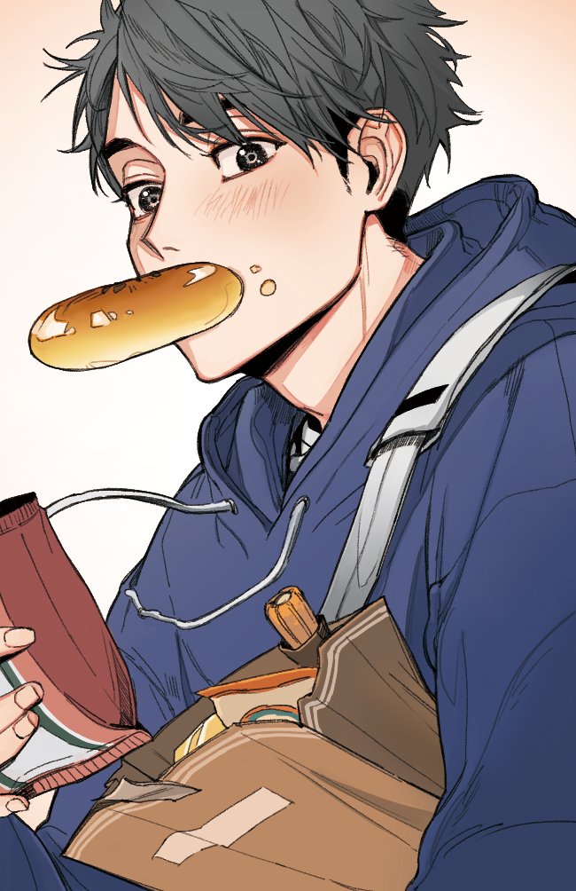 cookiechochop, miya osamu, haikyuu!!, commentary request, korean commentary, 1boy, adam's apple, bag, bag of chips, bagel, blue hoodie, blush, churro, drawstring, fingernails, food, food in mouth, food on face, grey eyes, grey hair, holding, holding bag, hood, hood down, hoodie, male focus, multicolored hair, paper bag, short hair, short sideburns, solo, two-tone hair, upper body