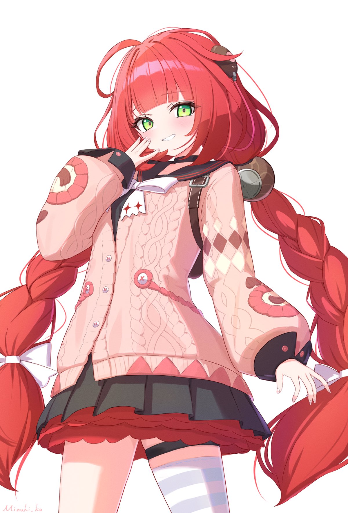 mizuhi kou, ukinami yuzuha, zenless zone zero, highres, 1girl, ahoge, black sailor collar, black skirt, blush, braid, cardigan, closed mouth, green eyes, long hair, looking at viewer, low twin braids, pink cardigan, red hair, sailor collar, skirt, smile, smug, solo, thigh strap, twin braids, very long hair